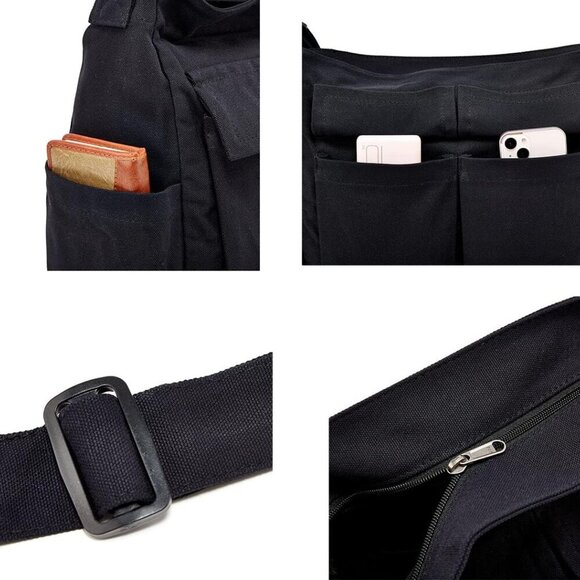 Women Men Crossbody Shoulder Bag Large Tote Bag with Multiple Pockets Canvas Mes - Picture 6 of 7